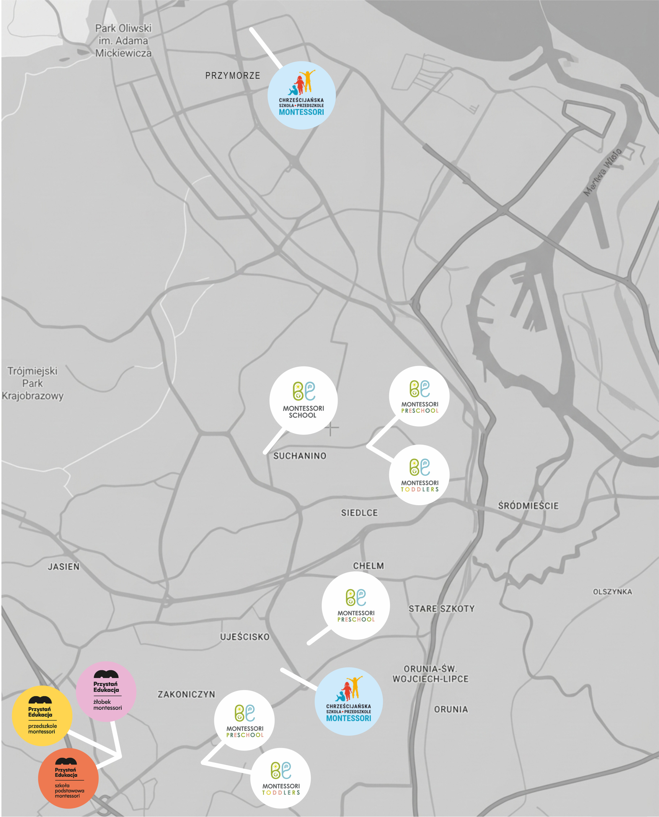 Mapa placówek Montessori w Gdańsku – Oliwa, Kowale, Ujeścisko, Chełm